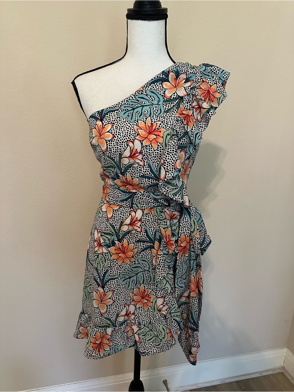 miami One-Shoulder Floral Faux Wrap Dress in Teal and Orange